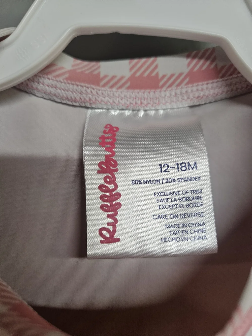 Rufflebutts Girls 12 - 18 Month Pink Gingham Long-Sleeve Rashguard Swim Top
